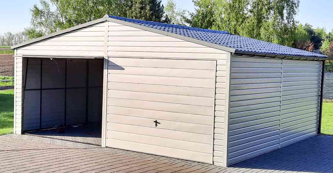 Plechová garáž 6,5x6 sedlová střecha 2x výklopná vrata TS292 - foto 3