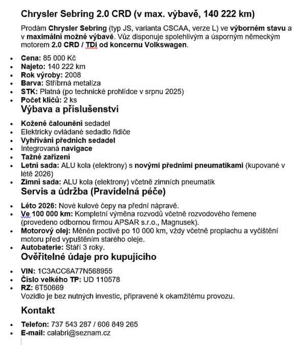 Chrysler Sebring, 2.0 CRD/TDi (koncern Volkswagen) rok 2008 - foto 17