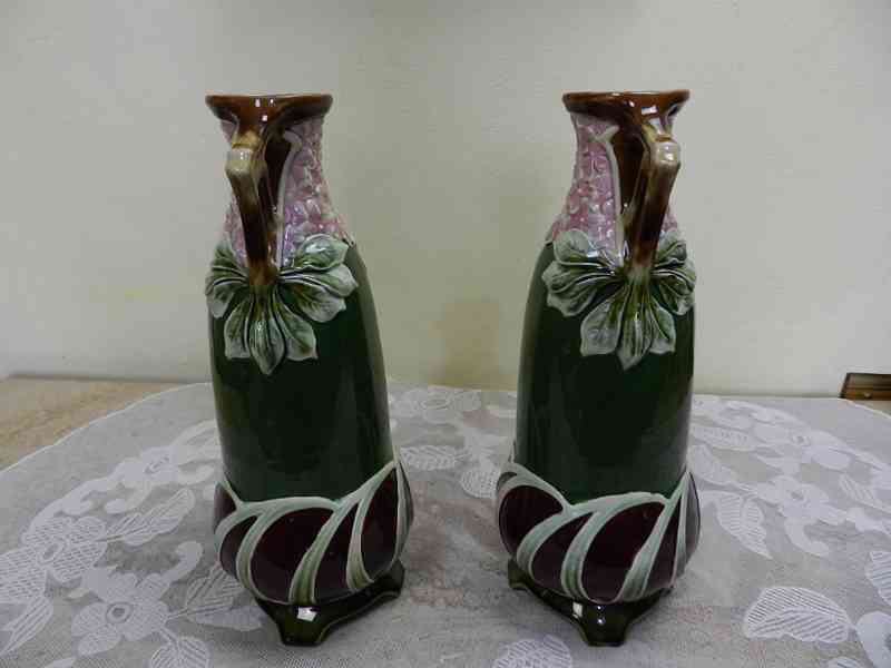 Krásné secesní malované párové Vázy Majolika Eichwald - foto 3