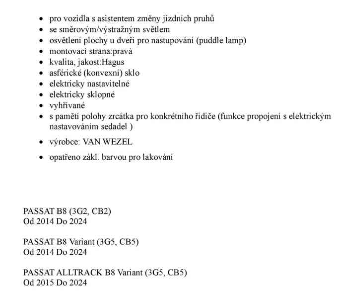 Vnější zpětné zrcátko pravé VW PASSAT B8 (Variant, Alltrack) - foto 2