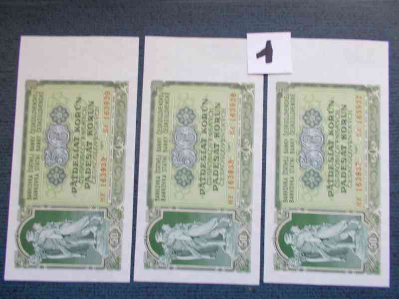 Tři po sobě jdoucí bankovky 50Kčs z roku 1953 - stav UNC - foto 1