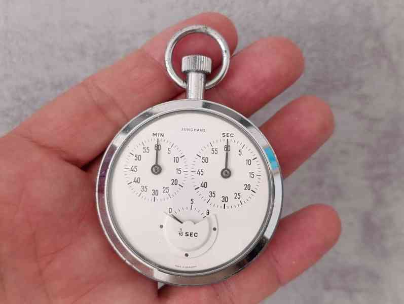Zajímavé staré německé kapesní stopky Junghans 1/10s. - foto 12