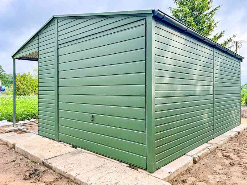 Plechova garáž 4x6 + přístřešek 2m -  výklopná vrata - TS764 - foto 3