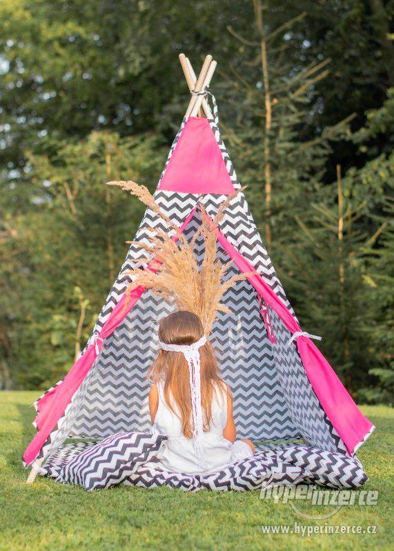 Růžový s černo bílým Ciky-caky teepee stan - foto 1
