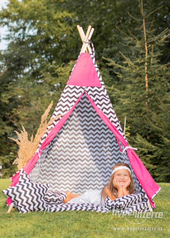Růžový s černo bílým Ciky-caky teepee stan - foto 2