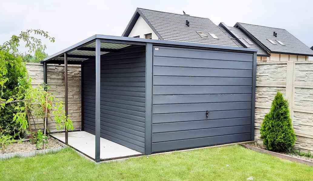 Plechová garáž 3m x 5m + přístřešek 1m, spád dozadu TS288 - foto 3