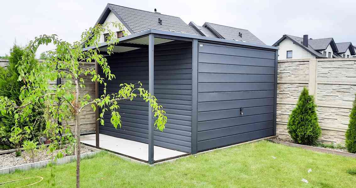 Plechová garáž 3m x 5m + přístřešek 1m, spád dozadu TS288 - foto 2
