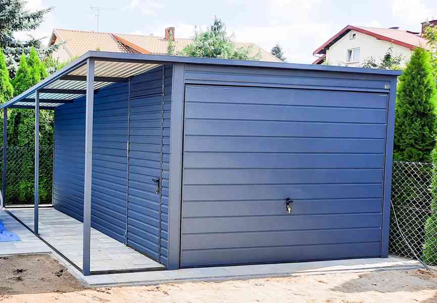 Plechová garáž 3m x 5m + přístřešek 1m, spád dozadu TS288 - foto 5