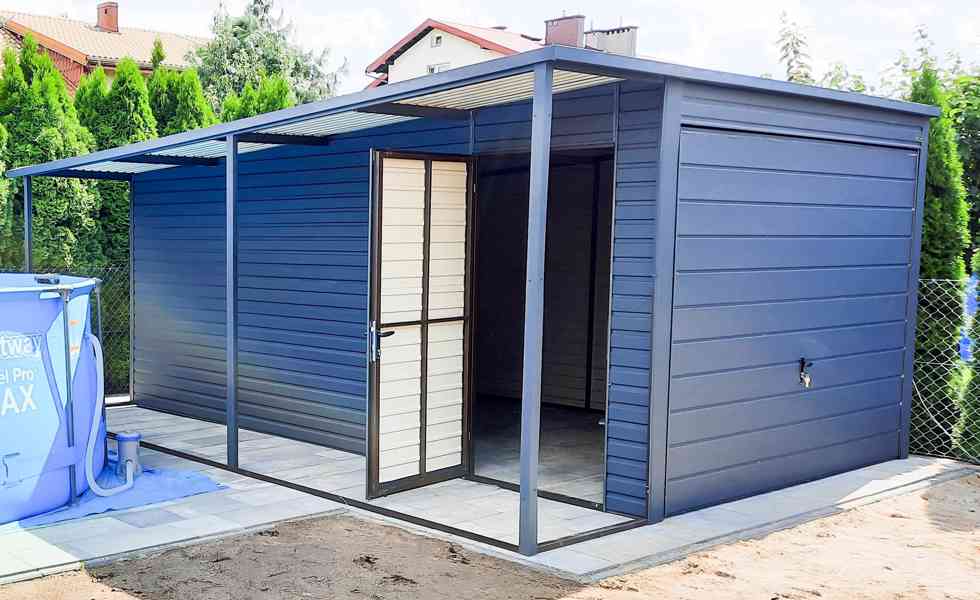 Plechová garáž 3m x 5m + přístřešek 1m, spád dozadu TS288 - foto 6