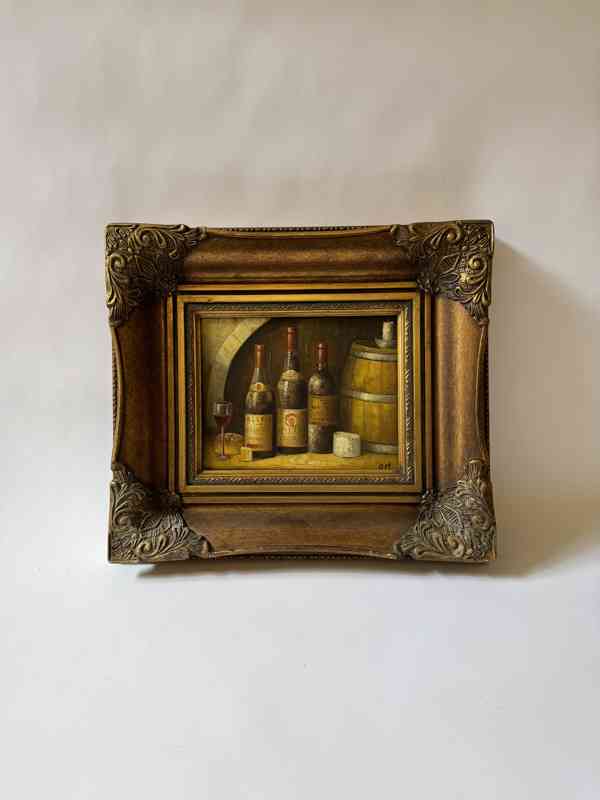 Lahev vína sklípek - obraz ve zlatém zdobeném rámu - foto 1