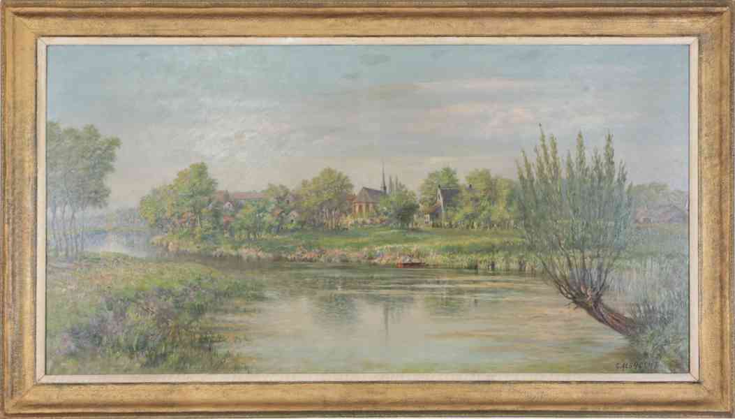 G. Albrecht velký obraz - výhled na vesnici s kostelem 232 X - foto 2