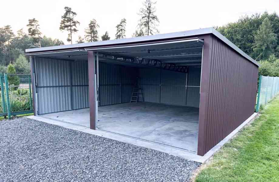 Plechová garáž 6x7m, spád dozadu,  2x výklopná vrata TS495 - foto 2