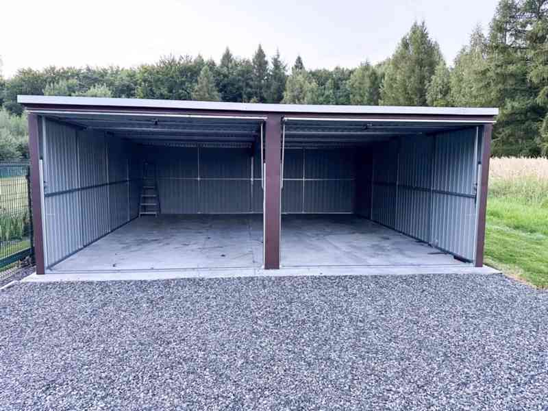 Plechová garáž 6x7m, spád dozadu,  2x výklopná vrata TS495 - foto 4