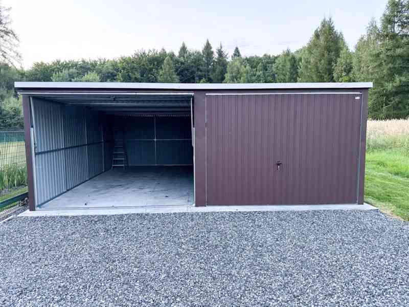 Plechová garáž 6x7m, spád dozadu,  2x výklopná vrata TS495 - foto 8