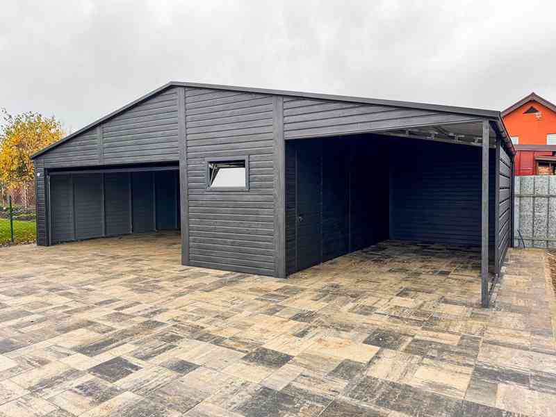 Plechova garáž 8x6m + přístřešek 3x6 -  sekční vrata TS978 - foto 5
