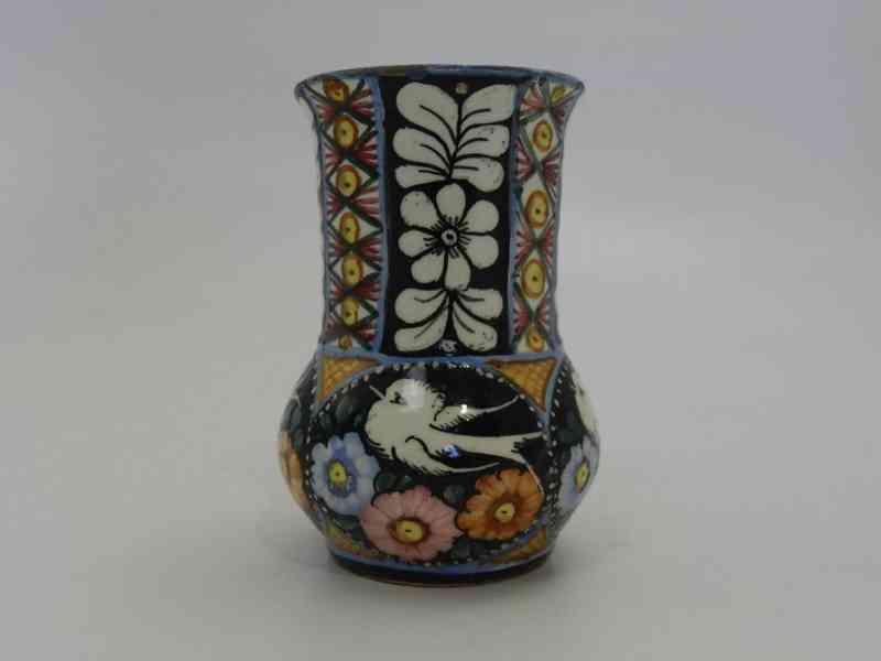 Krásná stará menší ručně malovaná Vázička Ptáček Klenčí  - foto 4