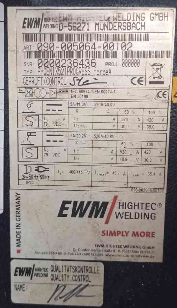 Synergická MIG/MAG svářečka EWM Phoenix 521 Progress Force A - foto 3