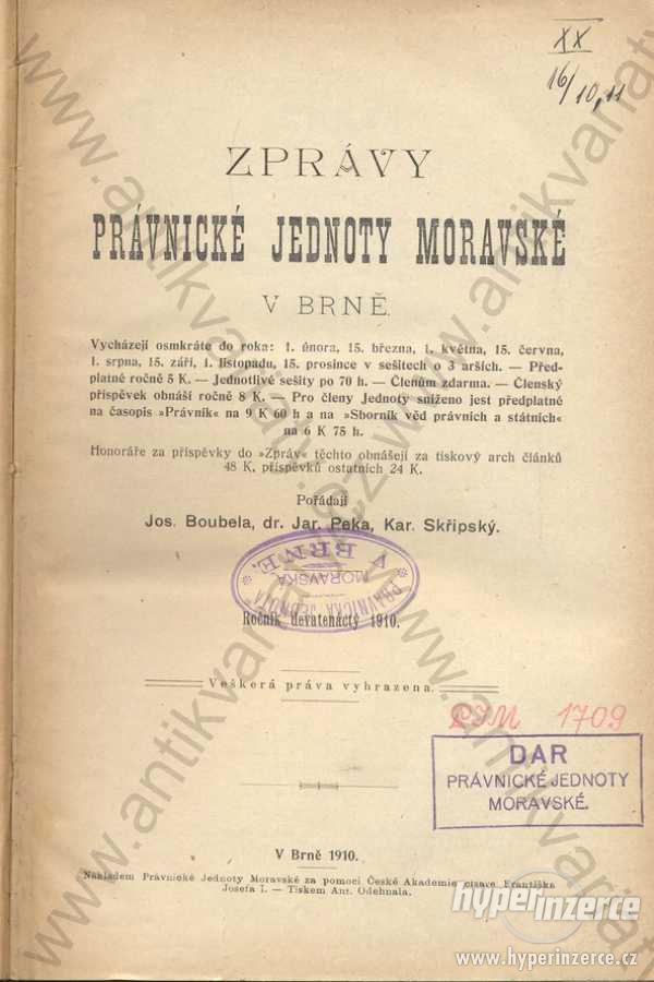 Zprávy Právnické jednoty moravské v Brně  1910-11 - foto 1