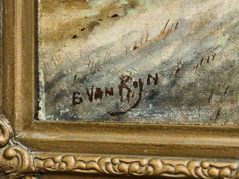 Zimní krajina s postavami na zamrzlé řece, olej na dřevě - foto 3