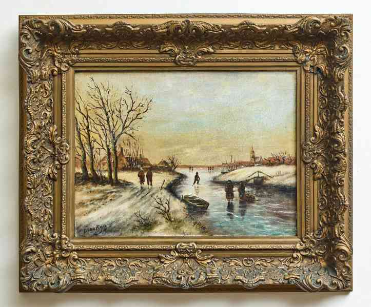 Zimní krajina s postavami na zamrzlé řece, olej na dřevě