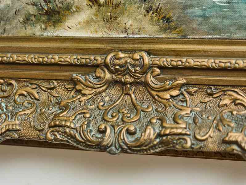 Zimní krajina s postavami na zamrzlé řece, olej na dřevě - foto 6