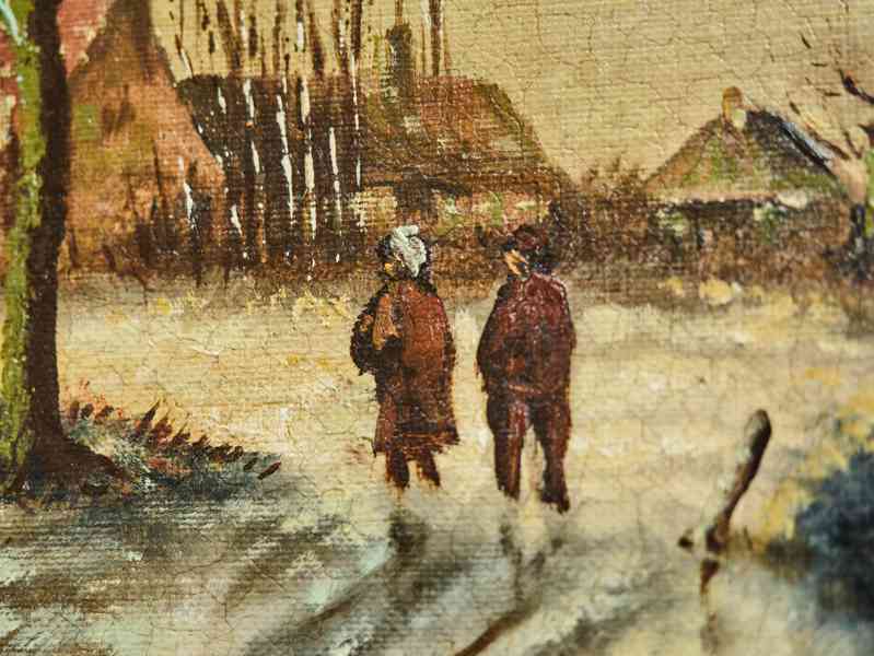 Zimní krajina s postavami na zamrzlé řece, olej na dřevě - foto 5