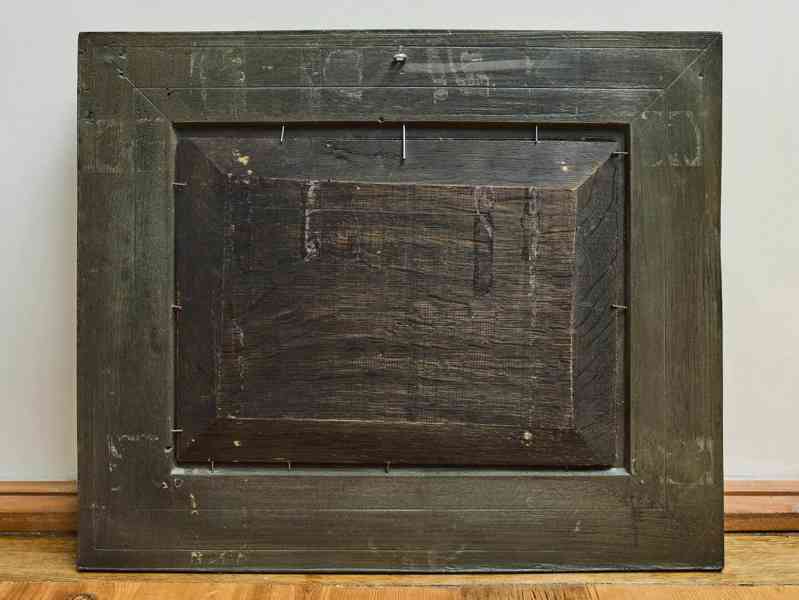 Zimní krajina s postavami na zamrzlé řece, olej na dřevě - foto 7