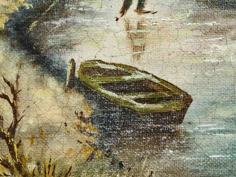 Zimní krajina s postavami na zamrzlé řece, olej na dřevě - foto 4