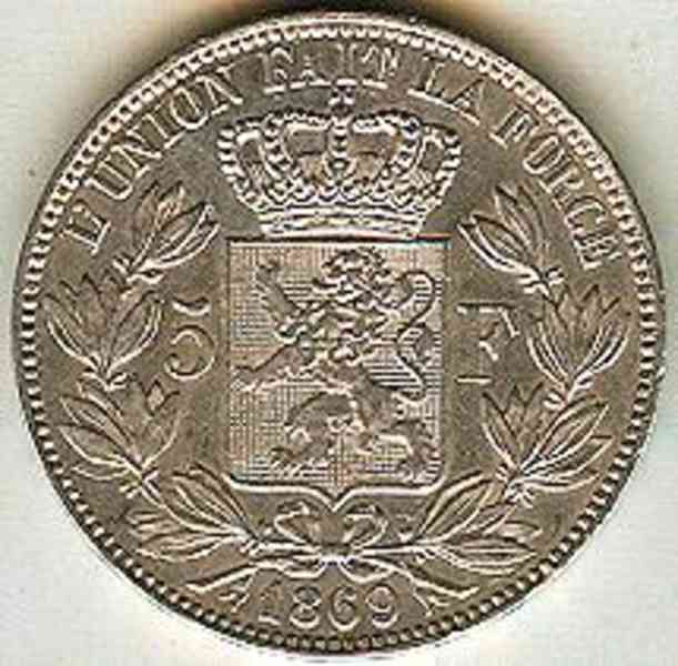 Belgie, 5 frank 1869, 1874 Leopold II.  ( 1865 - 1909 )