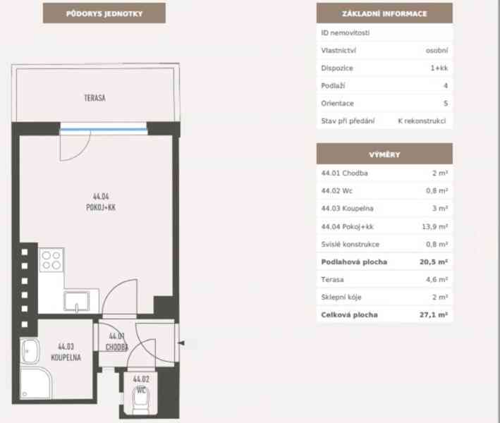 Prodej 1+kk,  27,1 m2, terasa 4,6 m2, 4.NP, Praha 4 Michle - foto 2