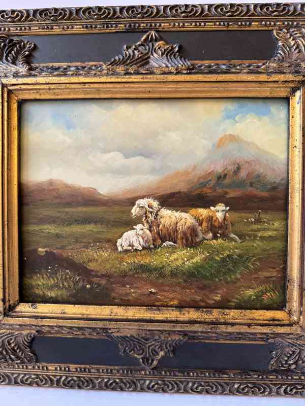 Ovce na pastvě - obraz ve zlatém zdobeném rámu - foto 2