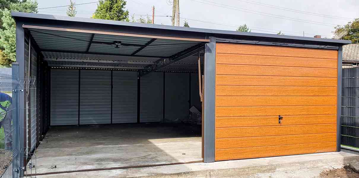 Plechová garáž 6m x 6m spád dozadu - 2x výklopná vrata TS222 - foto 6