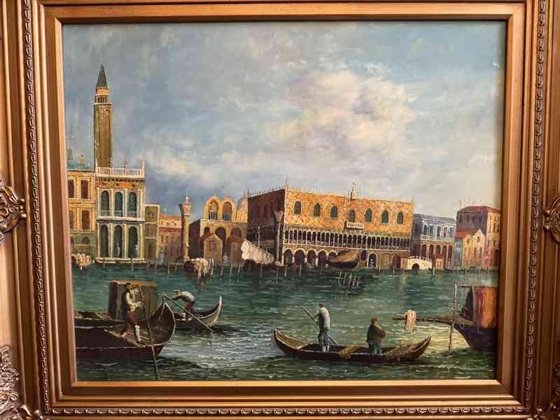 Benátky Dóžecí palác - obraz ve zlatém zdobeném rámu  - foto 2