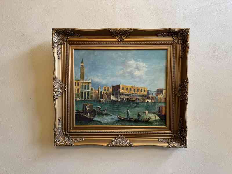 Benátky Dóžecí palác - obraz ve zlatém zdobeném rámu  - foto 1