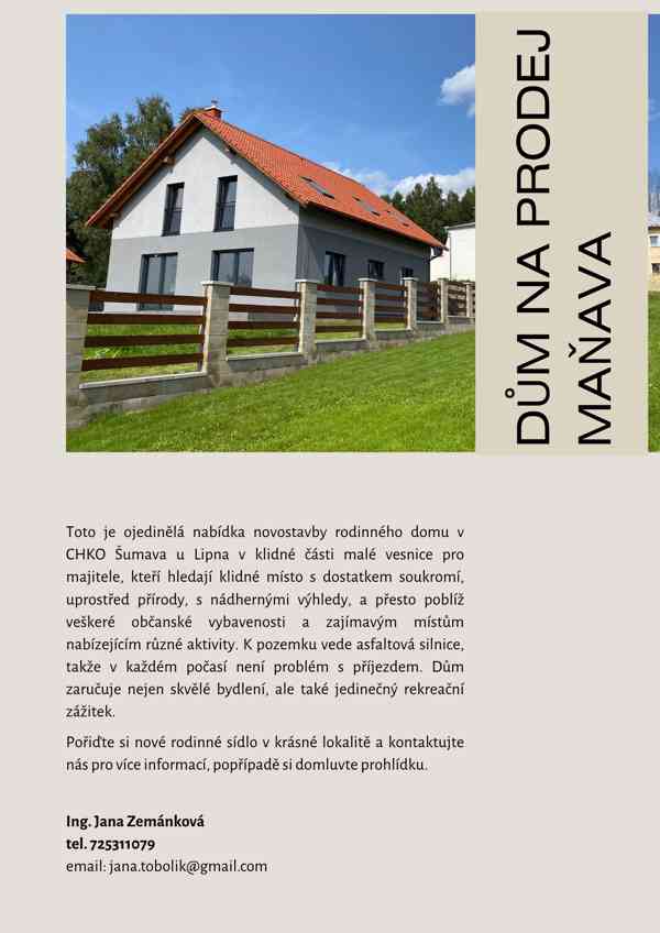 Prodej novostavby RD 5+1 v CHKO Šumava u Lipna pozemek 650m2 - foto 2