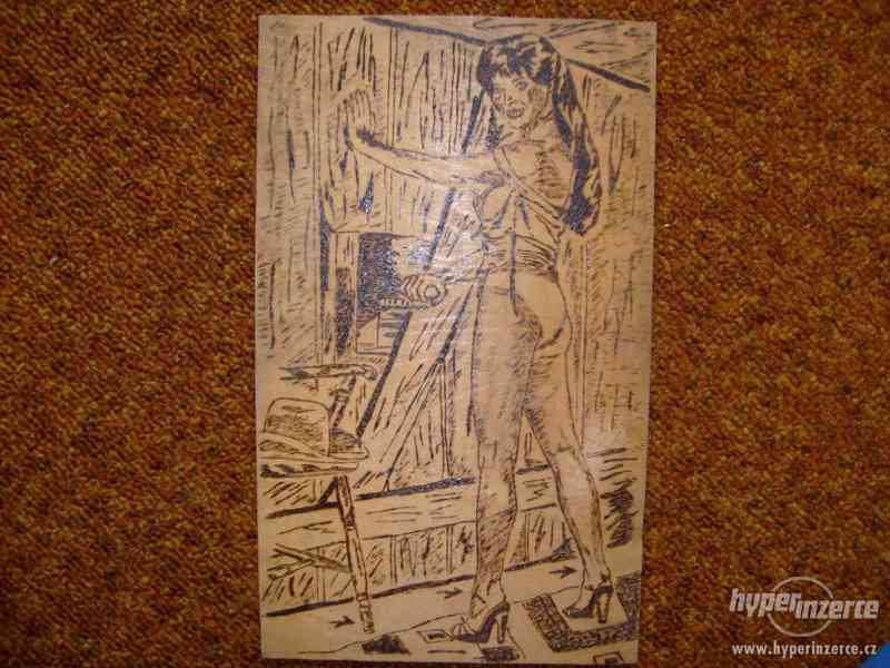 Vypalovaný obraz spoře oděné ženy na divokém západě - foto 1