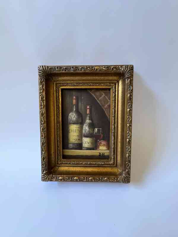 Lahev vína - obraz ve zlatém zdobeném rámu - foto 1