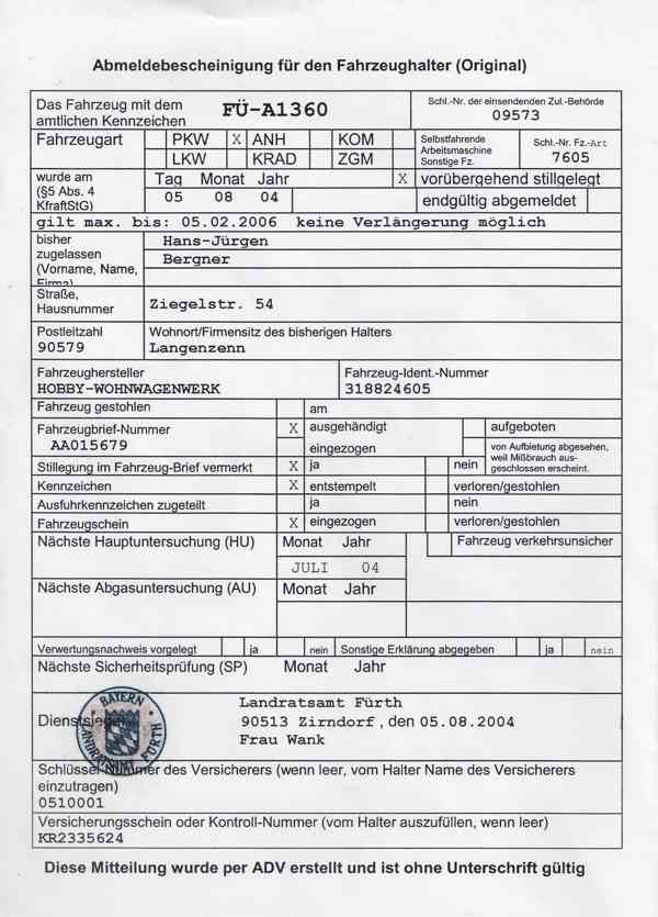 Obytný přívěs Hobby 460, Německé dokady na přihlášení. - foto 18