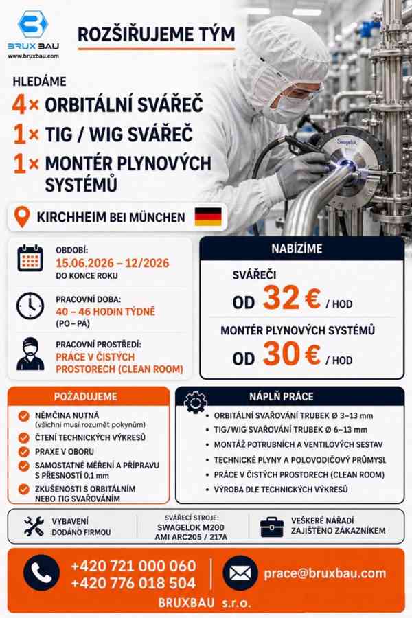 4 Orbitál svářeči, 1 Tig/Wig, 1 Montér na plyn.sys., Německo