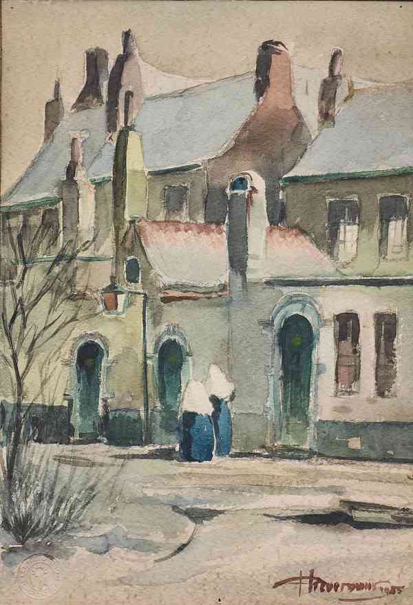 Jeptišky před klášterem akvarel 49 X 36 cm - foto 2