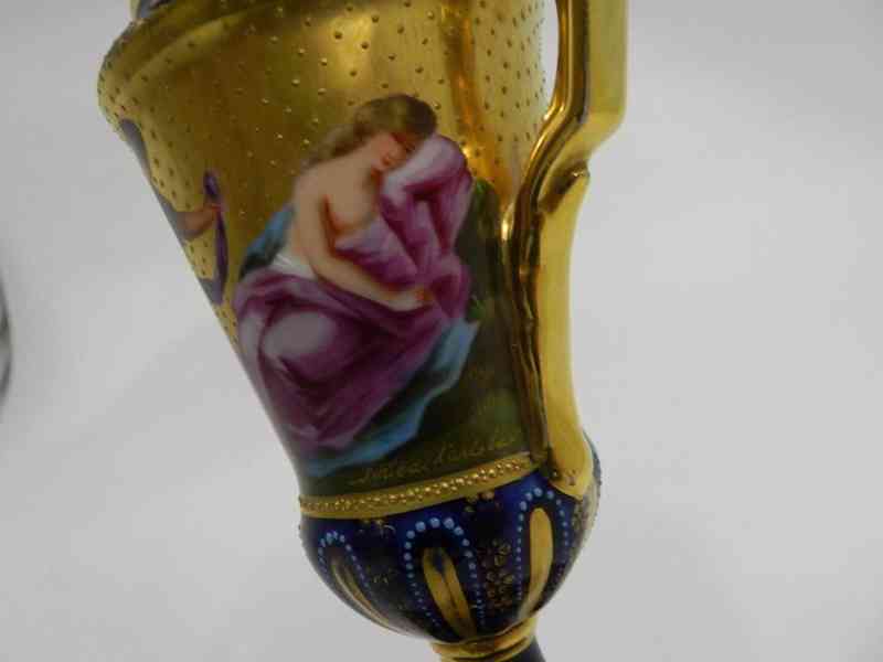 Zlacená malovaná Amfora Váza Karlsbad Značeno Signatury - foto 3