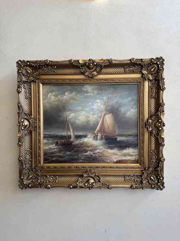 Loď moře bouře - obraz ve zlatém zdobeném rámu  - foto 1