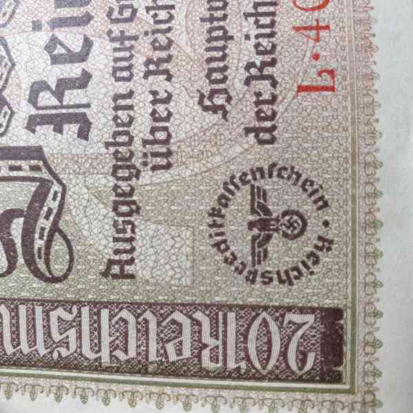 20 Reichsmark – německá okupační bankovka z 2. světové války - foto 5