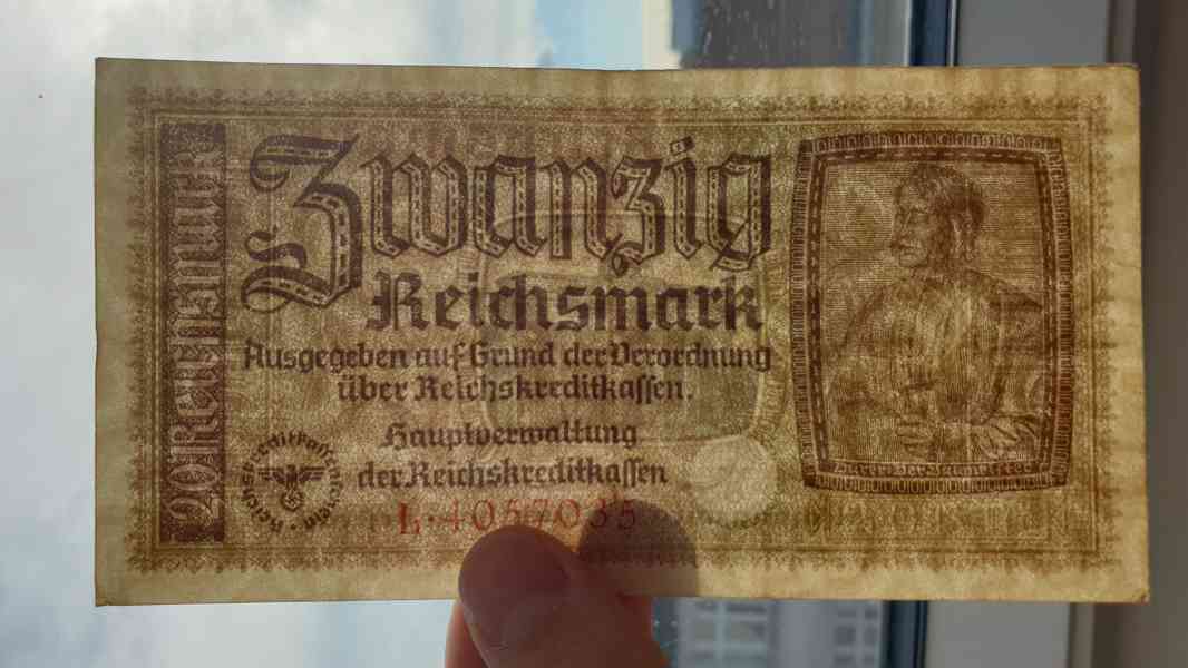 20 Reichsmark – německá okupační bankovka z 2. světové války - foto 3