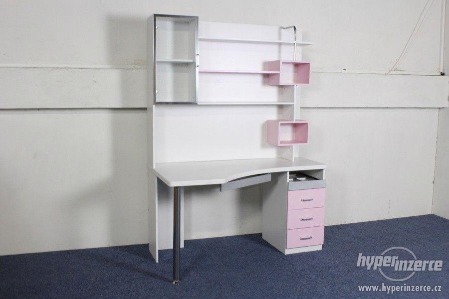 Psací PC stůl s nástavbou s kontejnerem, růžová/bílá - foto 2