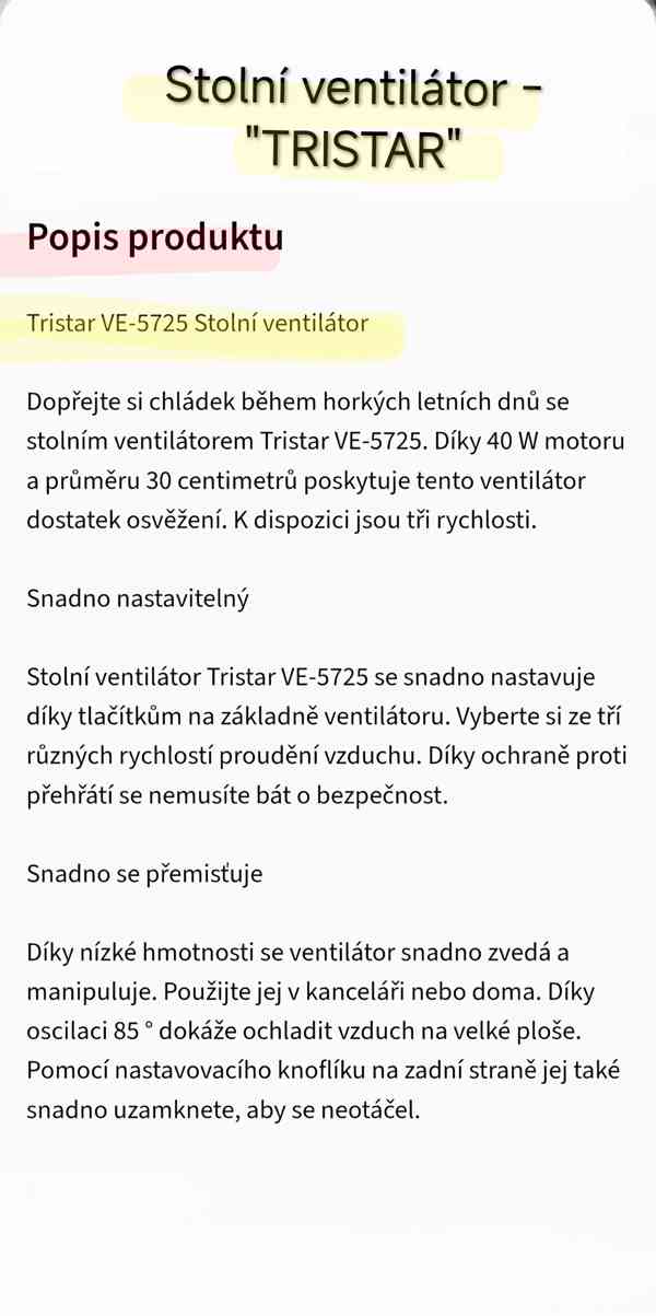 Stolní ventilátor - "TRISTAR". NOVÝ !! Původní balení  - foto 7