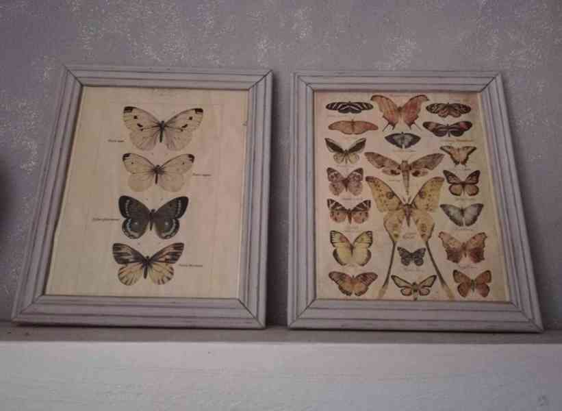 Vintage obrázky v drevenom ráme s patinou / Motýle / sada - foto 2