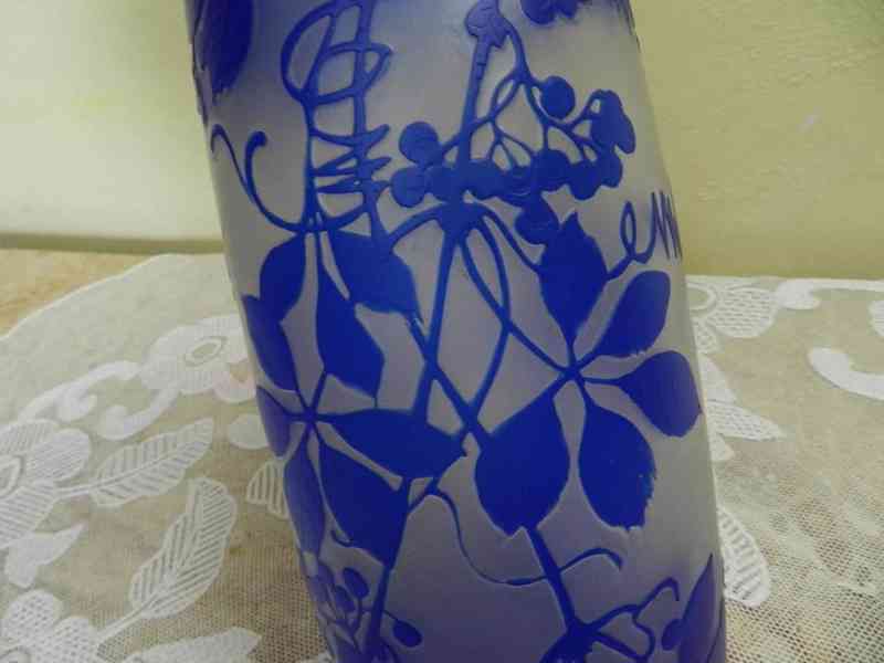 Krásná přejímaná modrá Váza leptané sklo Nový Bor - foto 6