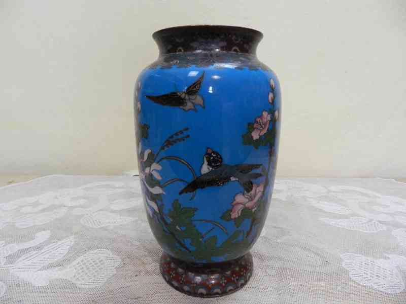 Bohatě zdobená modrá Váza Motýl Pták Cloisonne Smalt 19st - foto 4