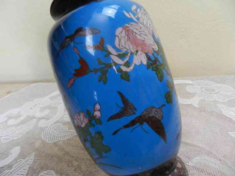 Bohatě zdobená modrá Váza Motýl Pták Cloisonne Smalt 19st - foto 2